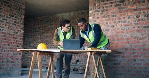 Team, laptop and engineers at construction site for discussion, safety comp.. Stock Photos