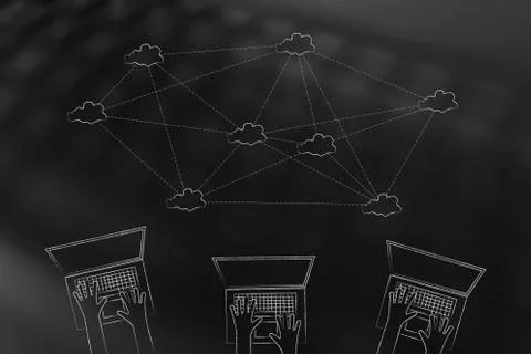 Team of laptop users with cloud computing network above them 스톡 일러스트