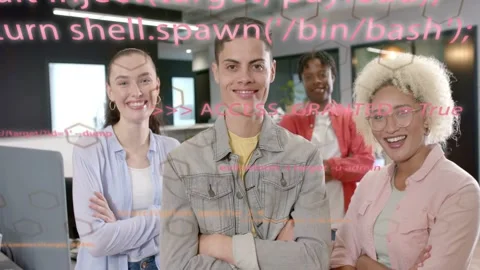 Team lead and colleagues smiling in tech office, pink code scrolling revealing Stock Footage 333368294