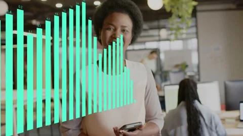 Team lead checking phone, presenting business data in office while teal bars Stock Footage 334013703