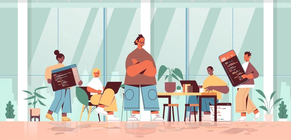 Team lead engineer with developers coding together development of software and Stock Illustration