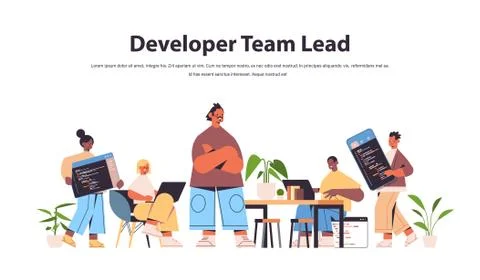 Team lead engineer with developers coding together development of software and Stock Illustration