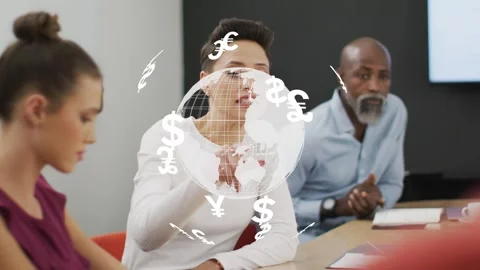 Team lead explaining finance in meeting gesturing causing 3D globe rotating with Stock Footage 333336614