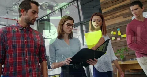 Team lead opening black folder, pointing, causing percent or pie overlay guiding Video stock 331085343