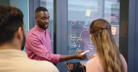 Team lead pointing at circled node on glass board, offering marker while team 스톡 동영상 333960024