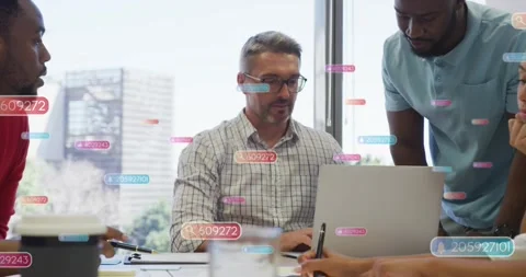 Team lead pointing documents, guiding business meeting, causing floating numeric Stock Footage 330509281