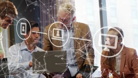Team lead pointing laptop, team joining, collaborating, tech overlay icons Stock Footage 333648786