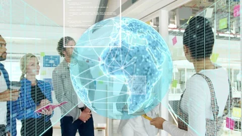 Team lead pointing yellow marker in business meeting projecting 3D globe Stock Footage 334322114