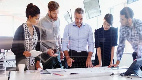 Team lead reaching for laptop, group unrolling plans and marking animated notes Stock Footage 333145139