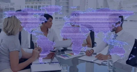 Team lead reading docs sparking business team noting while map overlay shifting Stock Footage 321098938