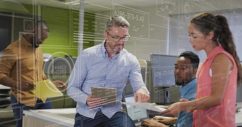 Team lead receiving reports and comparing business data on tablet, holographic Stock Footage 316089902