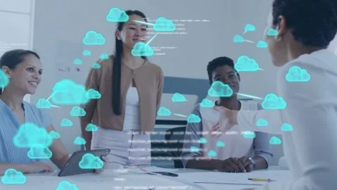 Team lead shaking hands after business meeting, cloud icons and code linking Stock-Footage 335762174