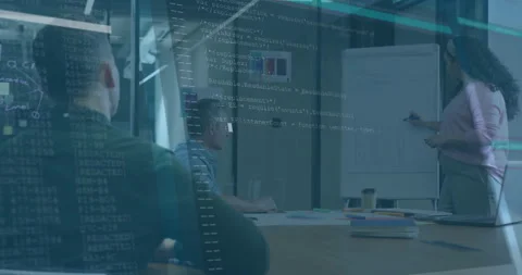 Team lead sketching chart on flipchart and linking code overlay for code review Video stock 309895217