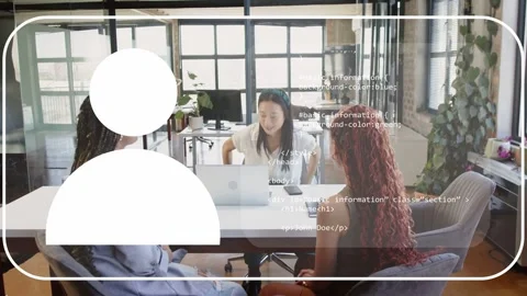 Team lead speaking in office, avatar and scrolling code appearing on laptop for Stock Footage 334322084