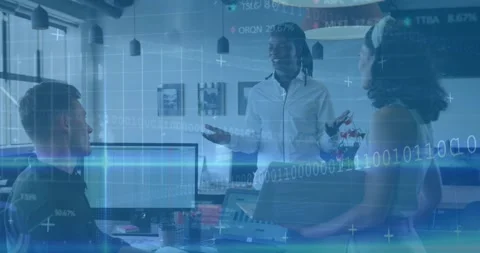 Team lead starting analytics showing code chart overlays while developer nodding Stock Footage 318115408