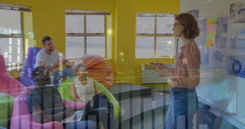 Team lead tapping tablet and swiping presenting finance chart overlay for update Stock Footage 311226561