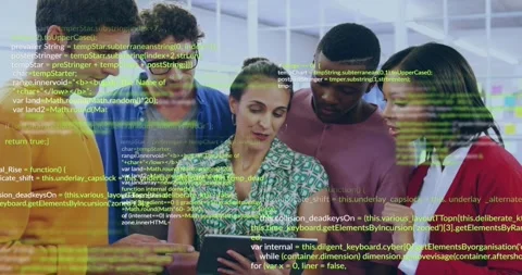 Team lead tapping tablet showing code as team leaning pointing reviewing Stock Footage 318544876