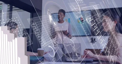 Team lead tapping tablet, sparking HUD panels sweeping, 3D bars rising to Stock Footage 331125427