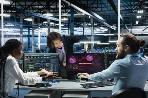Team leader and developers in server hub use deep learning to fix hacking Stock Photos