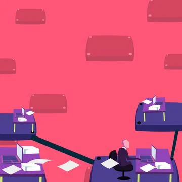 Team leader communicates virtually through computer. Male working over time Stock Illustration