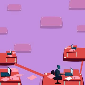 Team leader communicates virtually through computer. Male working over time Stock Illustration