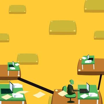 Team leader communicates virtually through computer. Male working over time Stock Illustration