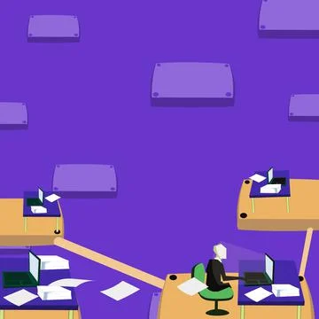 Team leader communicates virtually through computer. Male working over time Stock Illustration