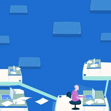 Team leader communicates virtually through computer. Male working over time Stock Illustration