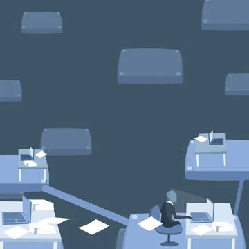 Team leader communicates virtually through computer. Male working over time Stock Illustration