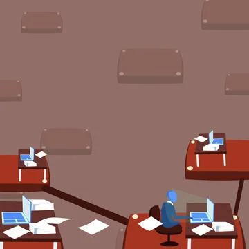 Team leader communicates virtually through computer. Male working over time Stock Illustration