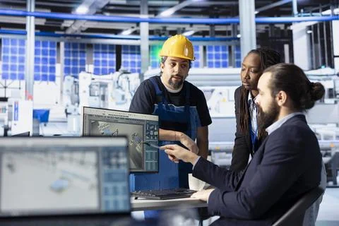 Team leader cooperating with technicians, doing system inspection Stock Photos