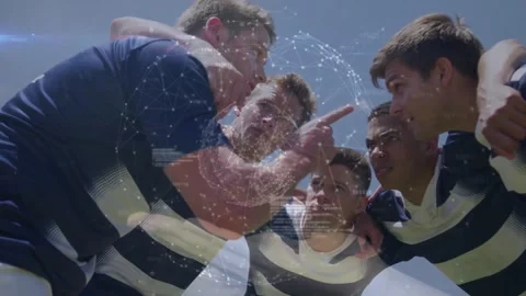 Team leader gesturing in huddle and projecting animated code and rotating globe Stock Footage 328304044