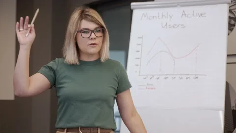 Team leader presenting project showing ideas on whiteboard Stock Footage 218615740