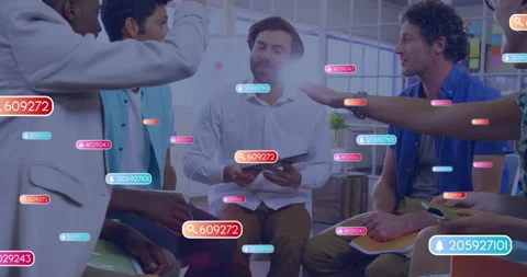 Team leader speaking on tablet causing floating icons and stacking hands for Stock Footage 314850045