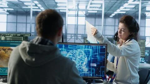 Team leader supervising engineer making software producing AI videos Stock Photos
