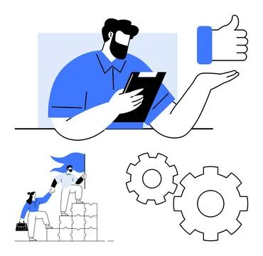 Team Leader Supporting Colleague, Cogs Representing Efficiency, and Approva.. Stock Illustration