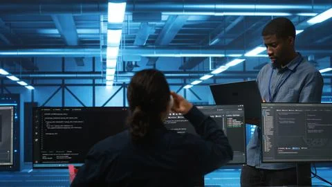 Team leader at work in data center supervising workers mending rigs Stockfoto's