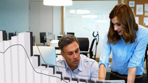 Team leaning and pointing at laptop causing 3D bar and line graph rising Stock Footage 333602199