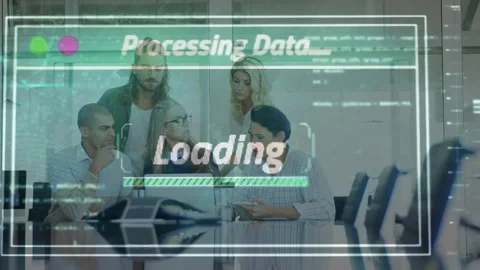 Team leaning at laptop, man tapping tablet activating Tech HUD loading bar Stock Footage 329786355