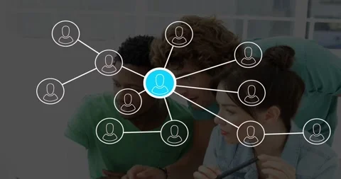 Team leaning laptop, one pointing pen starting network growing, blue node Stock-Footage 331227432