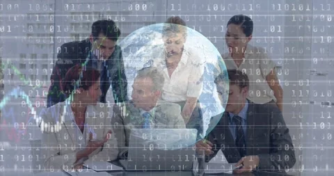 Team leaning into laptop as streaming code animating globe into finance charts Stock Footage 317369977