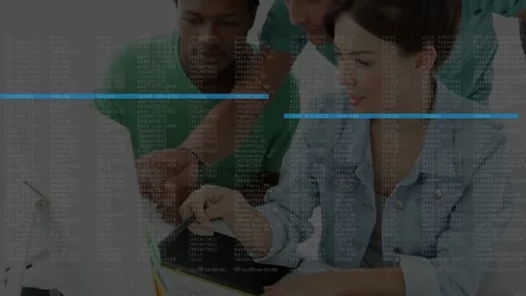 Team leaning over desk, third leaning in causing code overlay with blue bars, Stock Footage 333019478
