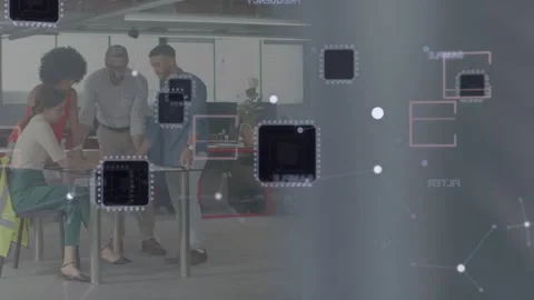 Team leaning over glass table, drifting overlay revealing UI squares over Stock Footage 332820846