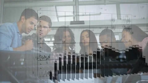 Team leaning over laptop tapping trackpad, starting business review 3D bars Stock Footage 331125407