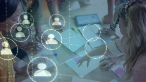 Team leaning over table spreading charts starting avatar icons above docs for Stock Footage 334703515