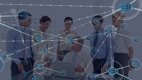 Team leaning senior using laptop node forming links growing mesh filling 動画素材 333169936