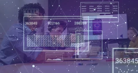 Team leaning into tablet and starting HUD updating data readouts then receding Stock Footage 333901196