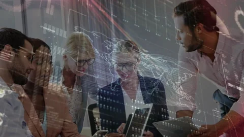 Team leaning toward laptop, tapping tablets and comparing digital map overlay Stock Footage 316185883