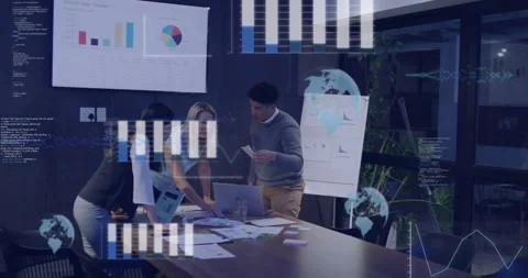 Team leaning in, user clicking laptop and causing data overlay rising and Stock Footage 333949502