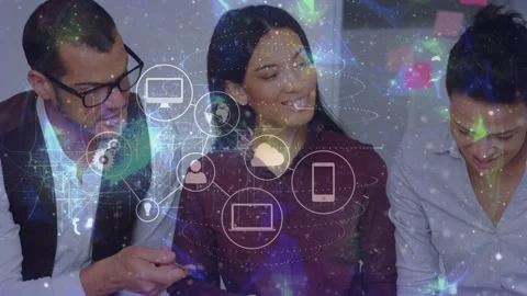 Team leaning in while man pointing pen activating cloud icons, woman tapping Stock Footage 333936486